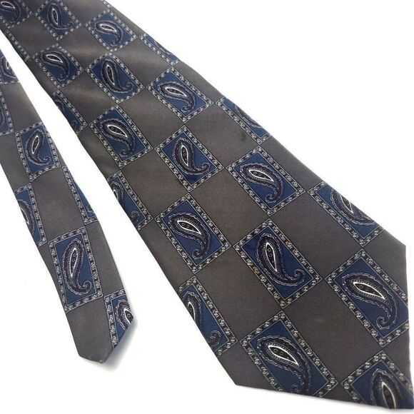 Henry Grethel Gray Blue Silk Tie‎ Woven Geometric Wide - Picture 1 of 6